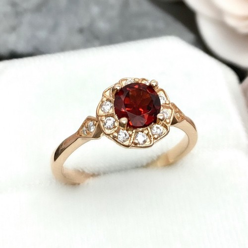 2 kt Rundschliff simulierter roter Granat Verlobungsring Bandring 14 kt Gelbgold plattiert - Bild 1 von 11