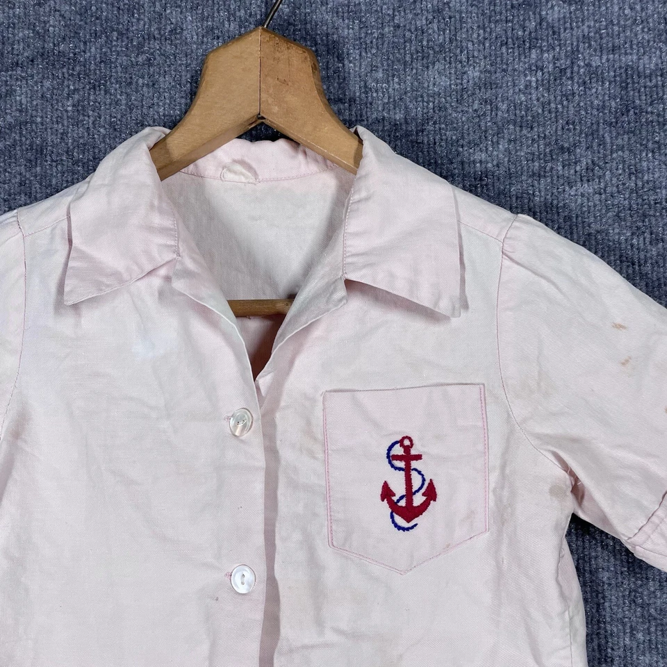 VINTAGE 30s Childrens Shirt Size Small Shirley Temple Anchor Pink 1930s MOP - Image 2 of 4