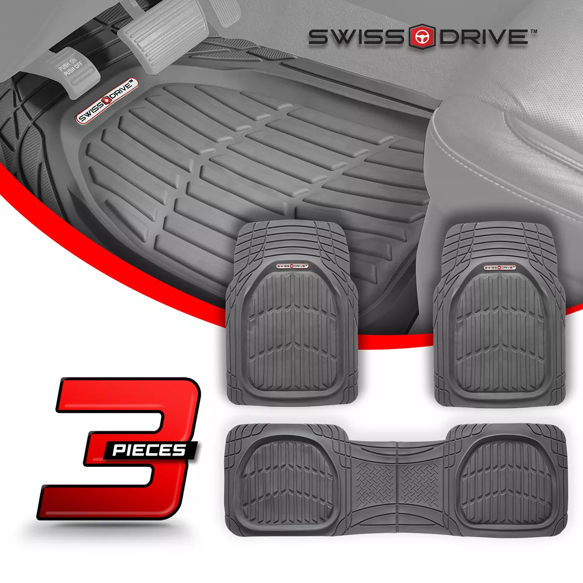 Swiss Drive 3pc Heavy Duty Rubber Floor Mats for Car All Weather Protection