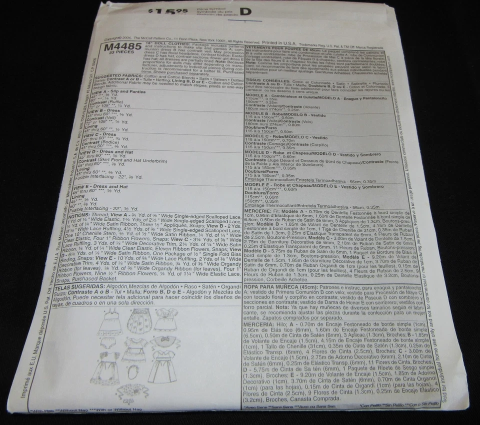 Vintage McCalls Crafts Pattern #M4485 18" Doll Clothes Slip Dress Hat UNCUT FF - Image 4 of 4