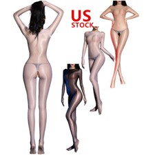 Women Glossy Bodysuit Ultrathin Jumpsuit See Through Lingerie Crotchless Leotard