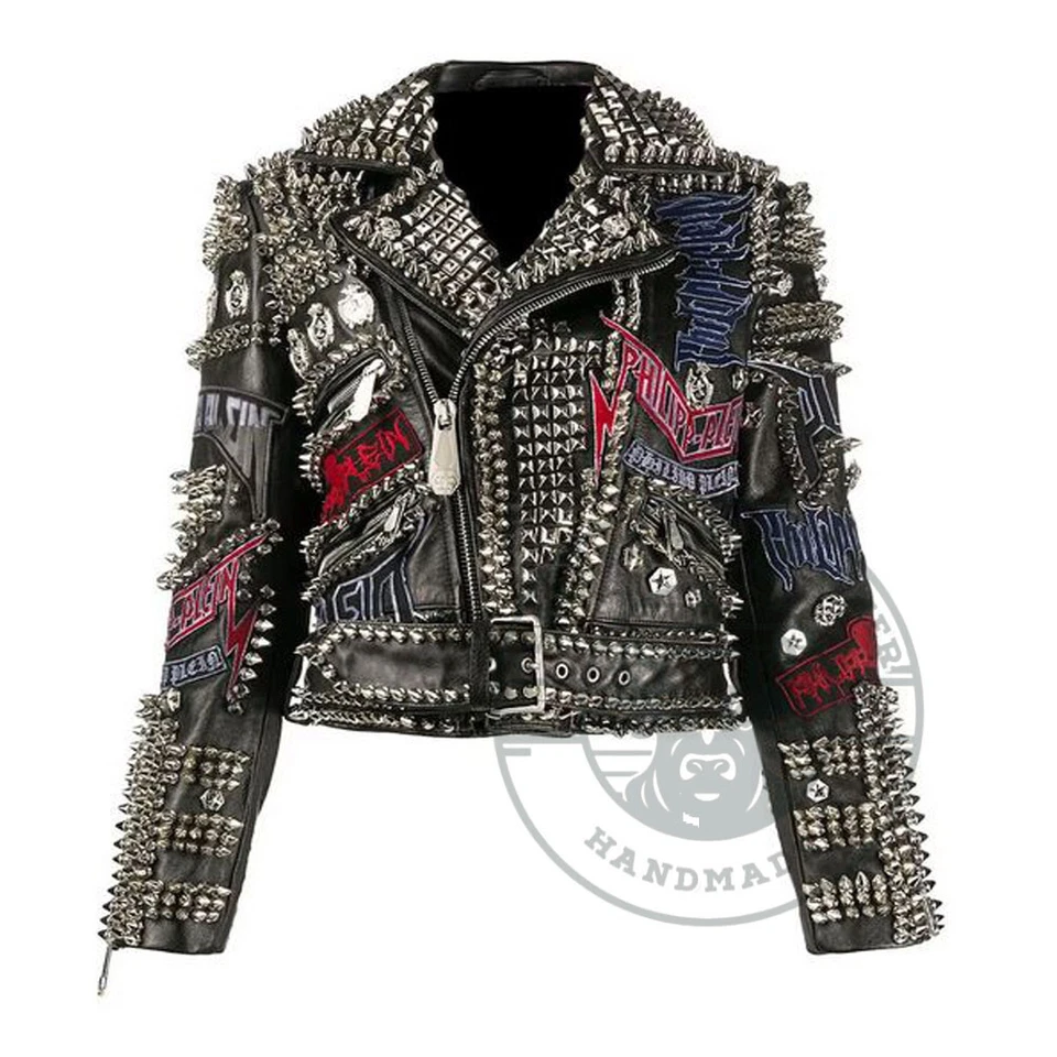 Chaqueta de cuero artesanal de moda punk con parches con tachuelas pesadas y para hombre Foto 2 de 4