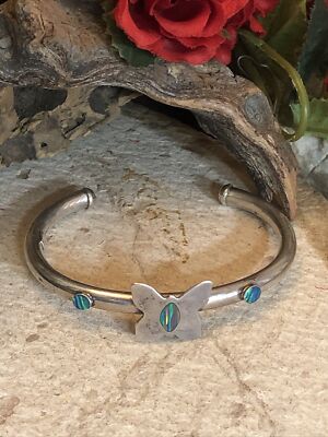 Vintage 925 Sterling Silver BUTTERFLY Inlay Opal Cuff Bracelet
