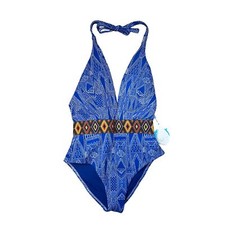 WET Swimwear Halter One Piece Swimsuit Size S Cobalt Aztec Plunging Neckline NWT