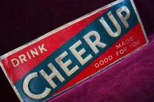 ** VINTAGE ANTIQUE DRINK CHEER UP SODA TIN SIGN EMBOSSED STOUT SIGN CO. 1940s **