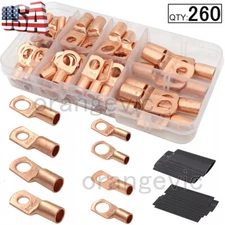 260PC Heavy Duty Wire Lugs Battery Cable Tinned Copper Eyelets SC Ring Terminals