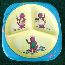 Vintage Barney Dinosaur Kids Child Divided Plate Tray Loves To Paint 1992