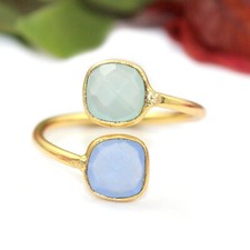 Excellent Cut Blue Aqua Chalcedony Adjustable Cushion Shape Gold Plated Ring Her