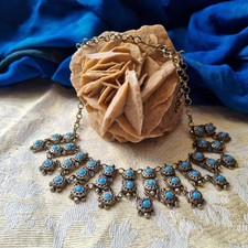 Collier Vintage Perles Olive En Verre Bleu Turquoise - Longueur 67 Cm - Occasion