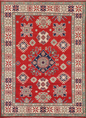 Geometric Kazak Rug Traditional Wool Art Rich Colors, Cultural Heritage 5x6 ft