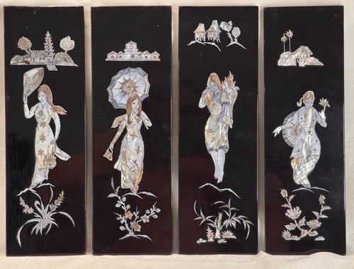 Vintage Oriental Mother of Pearl Black Lacquer Wall Art Panels 13.5" x 4.5"