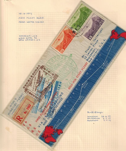 China 1937 First Flight Cover Registered Shanghai to NJ, USA w/ ALL H/S Marks