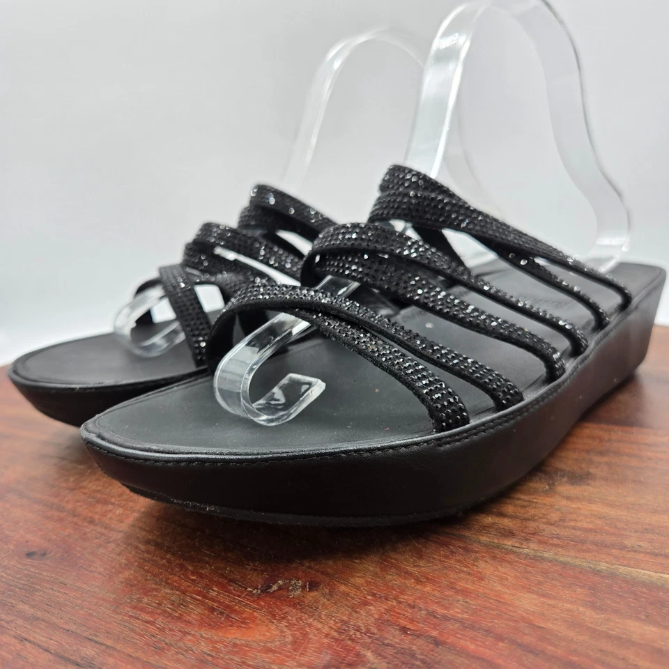 Sandalias FitFlop Linny Mujer 9 Cuero Negro Cristal Tirantes Slide Plataforma Cuña Foto 4 de 4