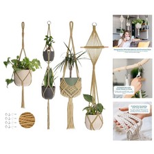 Versatile 4-Pack Macrame Plant Hangers for Indoor Plants - Caramel Boho Style