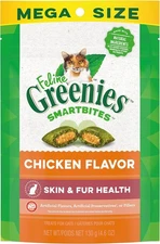 Greenies Feline Smartbites Skin & Fur Crunchy 4.6 Ounce (Pack of 1), Chicken 