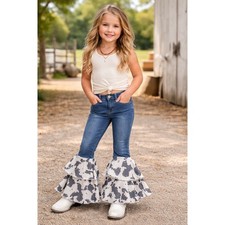 Cowgirl Hardware Girls Cow Print Tiered Ruffle Bell Bottom Jeans Blue Size 5