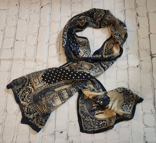 Ellen Tracy Silk Scarf Sheer Architectural Print Vintage Blue Cream Rectangle 