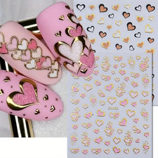 6Sheets Valentines Nail Art Stickers Gold Heart Nail Decals 3D Self-Adhesive Val