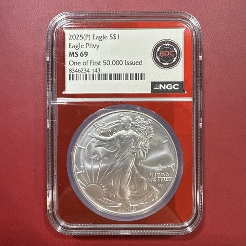 2025 (P) $1 Silver Eagle with Eagle Privy NGC MS69 One of First 50,000 Issued