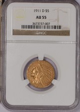1911-D Gold Indian $5 NGC AU55. Key date Denver Mint Half Eagle. Low mintage