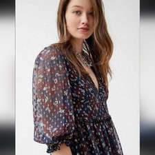 Urban Outfitters Navy Metallic Swiss Dot Balloon Sleeve Chiffon Dress Sz M