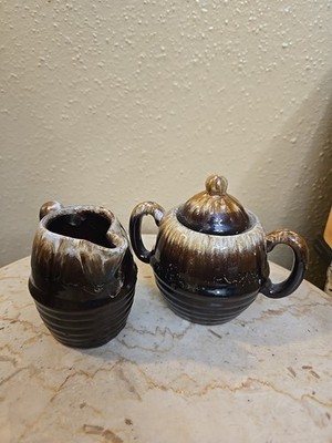 Vintage Brown Drip Pottery Sugar Bowl & Creamer