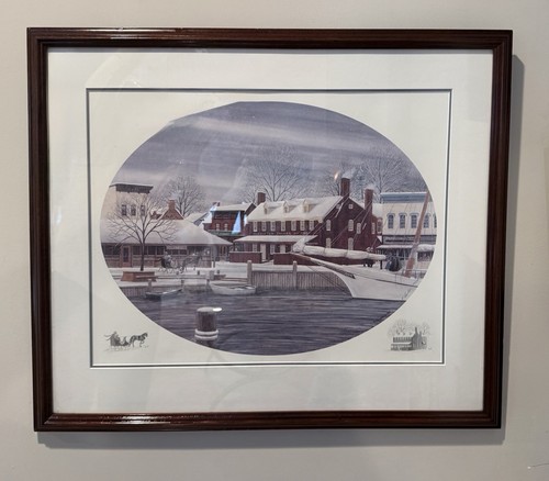 Winter Dockside, Annapolis, MD, By John Moll Framed Matted Print Art Vintage - Picture 1 of 13