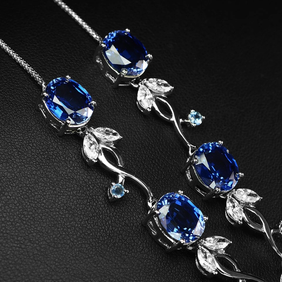 925 Sterling Silver White Gold Neckaces Classically Royal Blue Sapphire 28.40Ct - Image 4 of 4