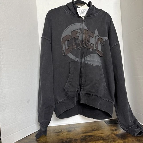 CEEC Full Zip Front Logo Hoodie W/Pocket Vintage Black Distressed  XL New video thumbnail