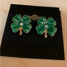 Green Shamrock 4 Leaf Clover Gold Tone Post Earrings-St Patrick  s Day