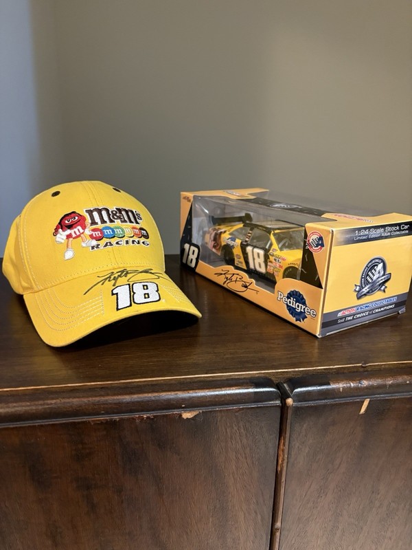 NASCAR Kyle Busch Autographed 2008 #18 Pedigree 1:24 Diecast  & M&M's #18 Hat
