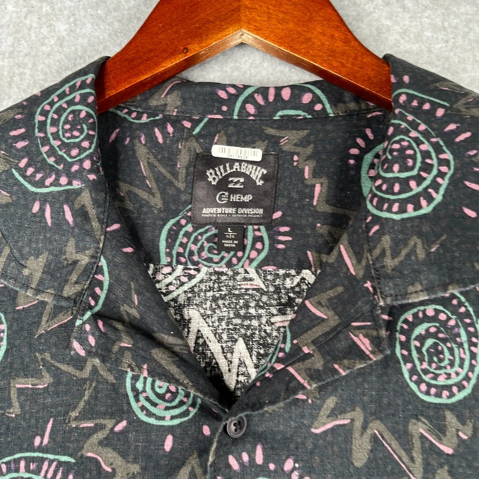 Рубашка Billabong из конопли большая черная цветная с племенным принтом на пуговицах короткий рукав - Изображение 3 из 4