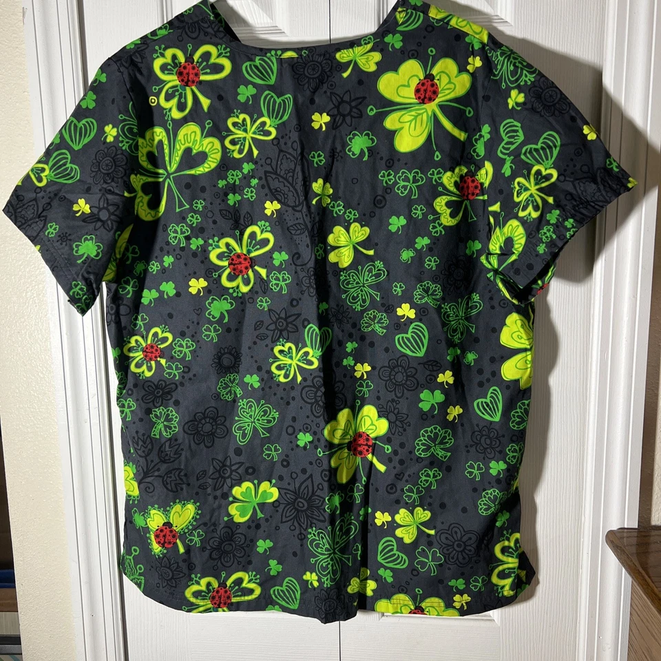 Butter-Soft Originals Ladies Bugs  & Clovers Pewter Women’s  Scrub Top - Image 3 of 4