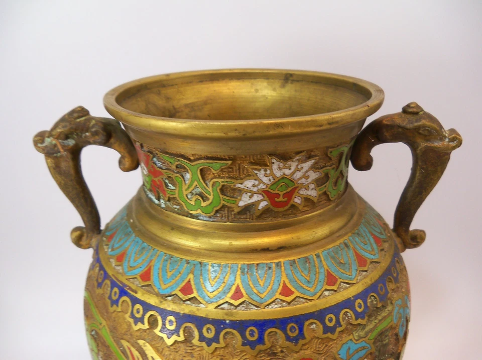 Vaso de esmalte vintage japonês de bronze cloisonne com alças de elefante - Imagem 3 de 4