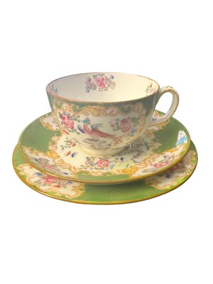Antique Minton Green Cocktrice Hand Painted 3 Pc Teacup Set