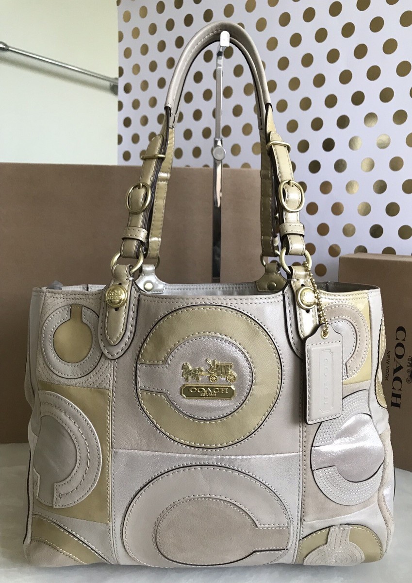 COACH MIA INLAID C TOTE SUEDE PATENT LEATHERS TAUPE/MULTI 15748