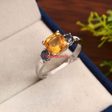 Natural Citrine  London Blue Topaz With 925 Sterling Silver Women's Ring 1007
