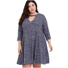 Torrid Knit Blue Ribbed Choker Neck 3/4 Sleeve Keyhole Dress Womens Size 2