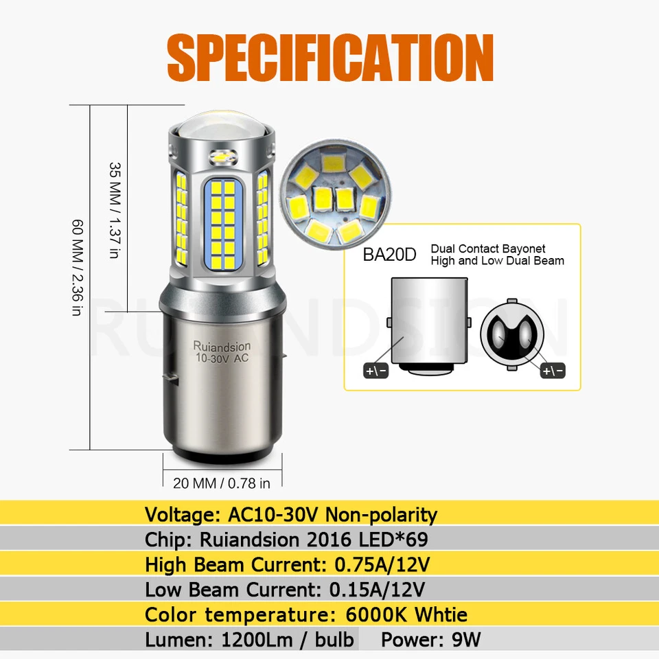 BA20D Motorrad Scheinwerfer Birne Go Kart Tag Fahrlicht 12V 4300K/6000K 1/2x - Image 2 of 4