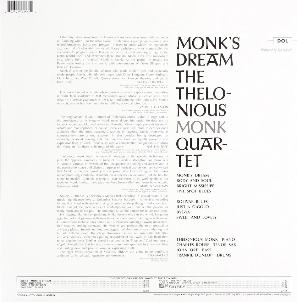 Thelonious Monk Monk's Dream 180 Gram Blue Vinyl LP [New & Sealed] - Image 2 of 3