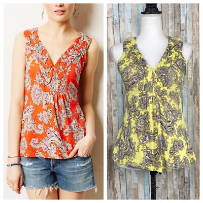 Anthropologie XS Akemi Kin Yellow Paisley Print Knit V Neck Hauraki Tank Top