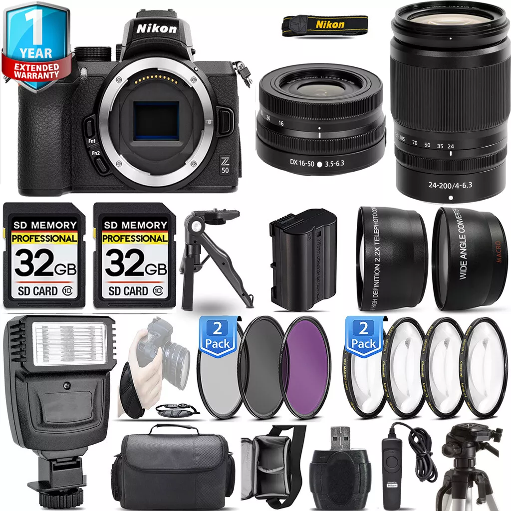 Nikon Z50 Camera +24-200mm Lens +16-50mm Lens +Flash +1yr Warranty- Kit