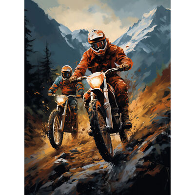 Motocross Biker Rennen Action Schuss blau orange Berg Wandkunstdruck 18 x 24 Zoll
