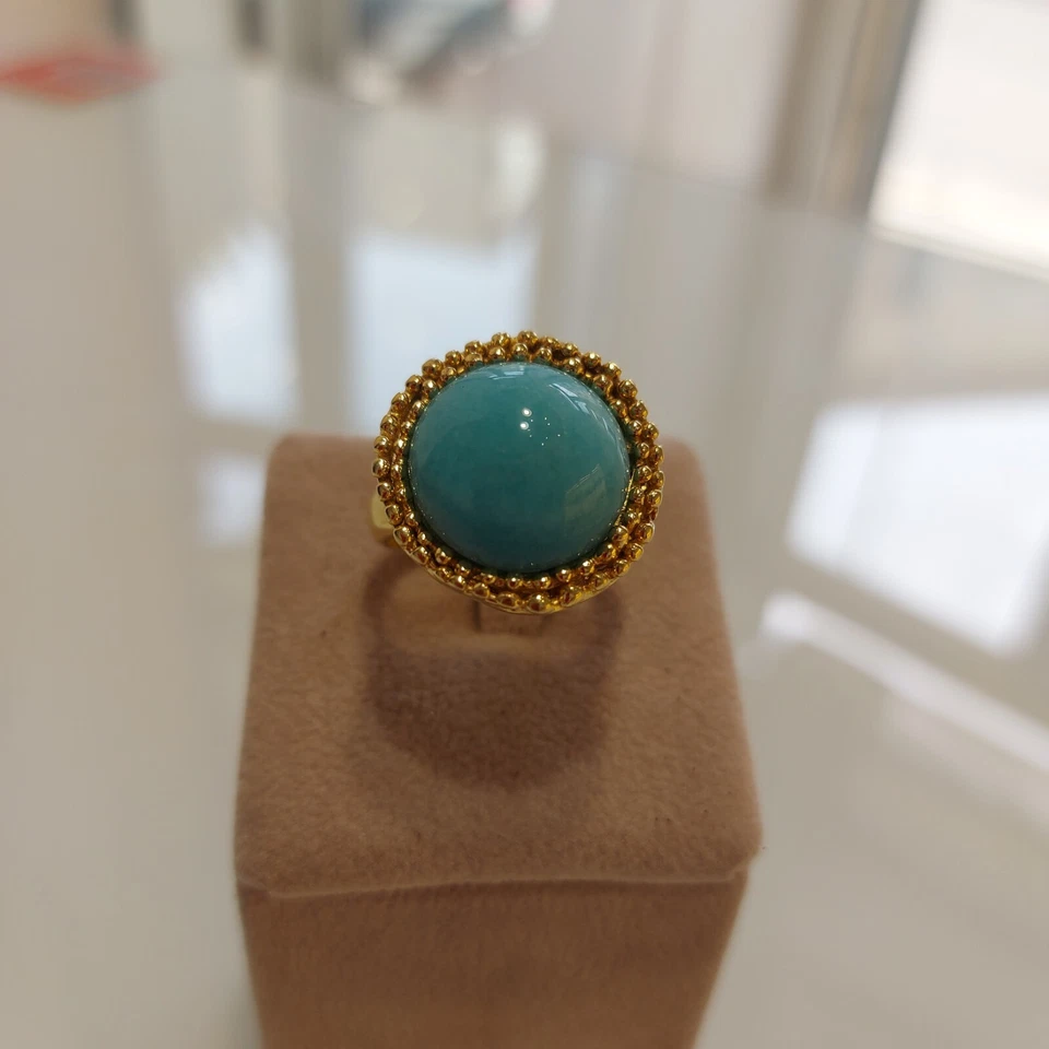 Anello argento 925 placcato oro giallo pietra amazzonite turchese tonda cabochon - Immagine 2 di 4