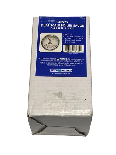 JONES STEPHENS J40575 Dual Scale Boiler Gauge 0-75 PSI , 3-1/2" - New  - Picture 1 of 3