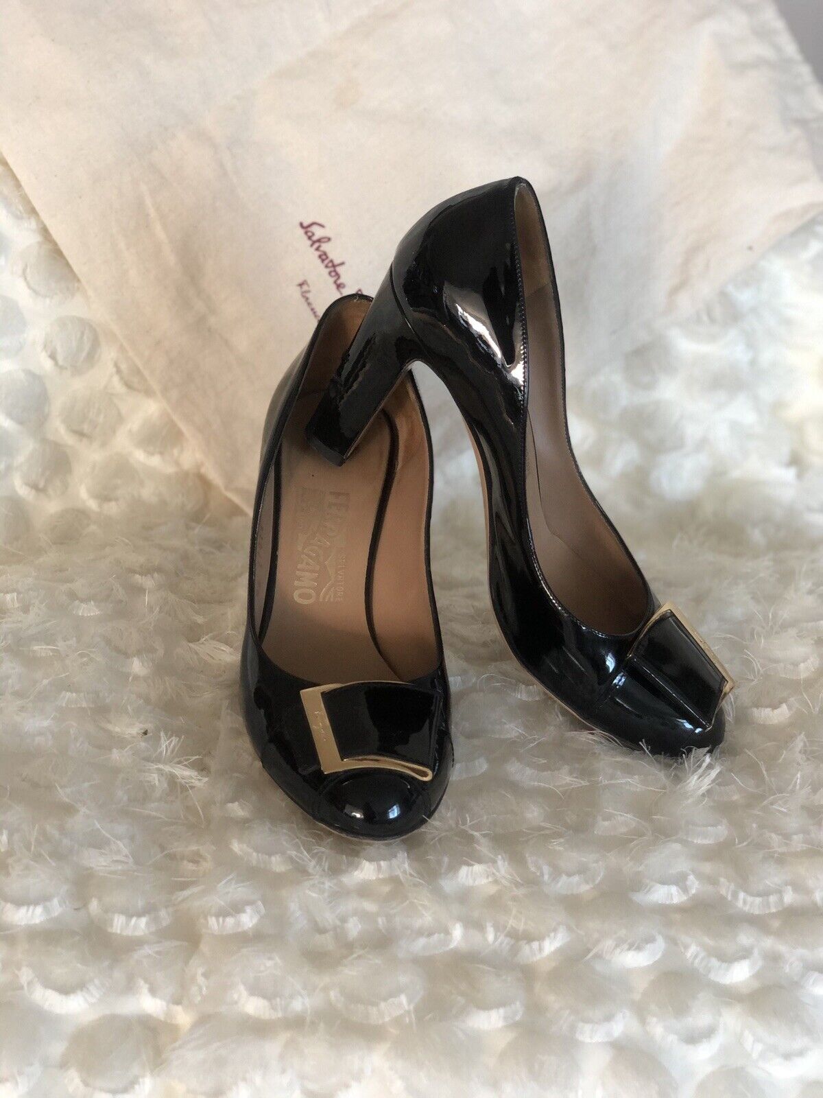 Salvatore Ferragamo Womens Black Patent Gold Spring new work one after another Max 85% OFF D with Heels Buckle