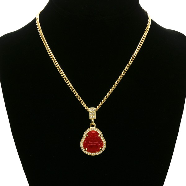Alternate view of 14k Gold Plated Red Jade Buddha Pendant Cubic-zirconia Cuban Chain 24" 27" 30"