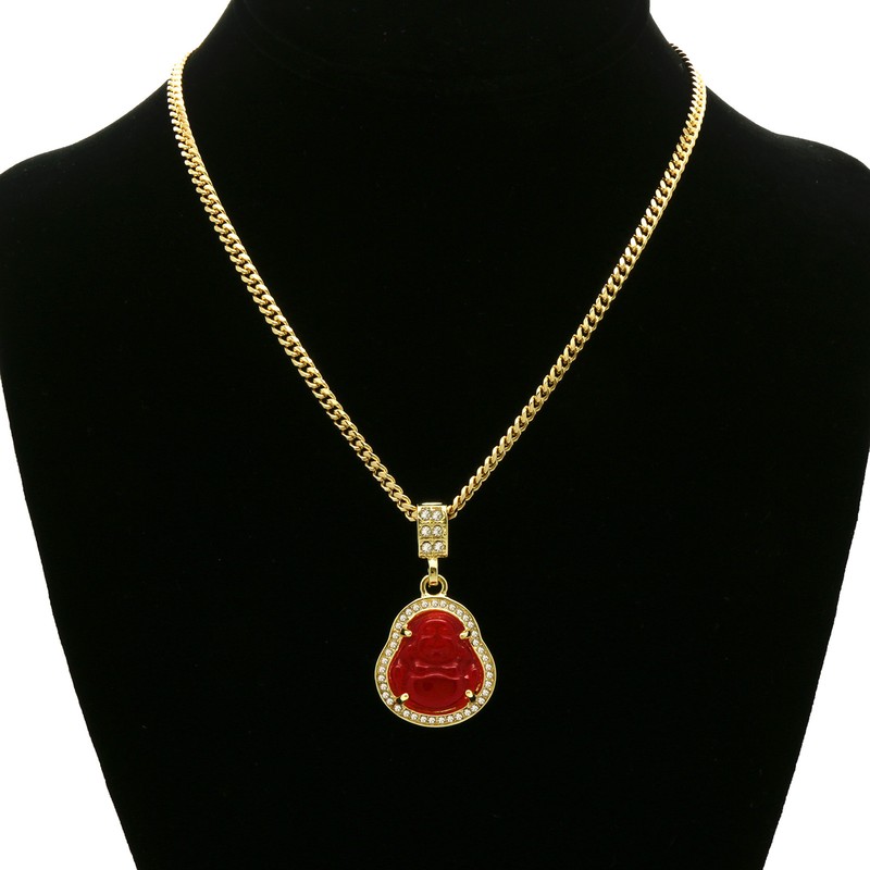 14k Gold Plated Red Jade Buddha Pendant Cubic-zirconia Cuban Chain 24" 27" 30" - Product main view