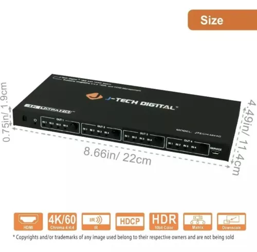J-Tech Digital 4x4 HDMI Matrix Switch 1080P Downscaler HDCP2.2 EDID w IR Remote 