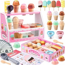Wooden Ice Cream Counter Playset for Toddler Girl Toys, Play Store Pretend To...